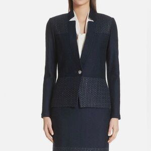 St. John Caris Geo Knit Lace Trim Notch Collar Navy Jacket Blazer Size 12